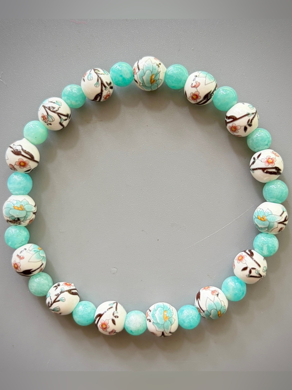 White and Teal Porcelain beads with Amazonite Accents Handcrafted Bead Bracelet